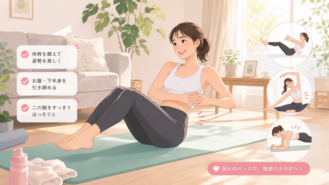自宅で体幹トレーニングをする女性と、お腹・下半身・二の腕を引き締めるボディメイクのイメージ