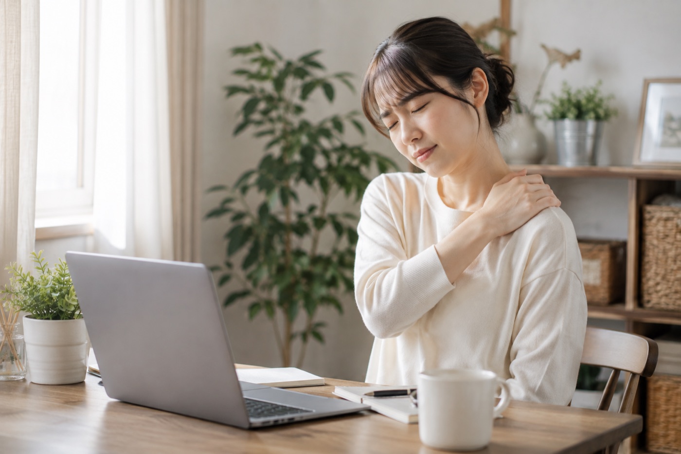 デスクワークで肩が前に入りやすい女性