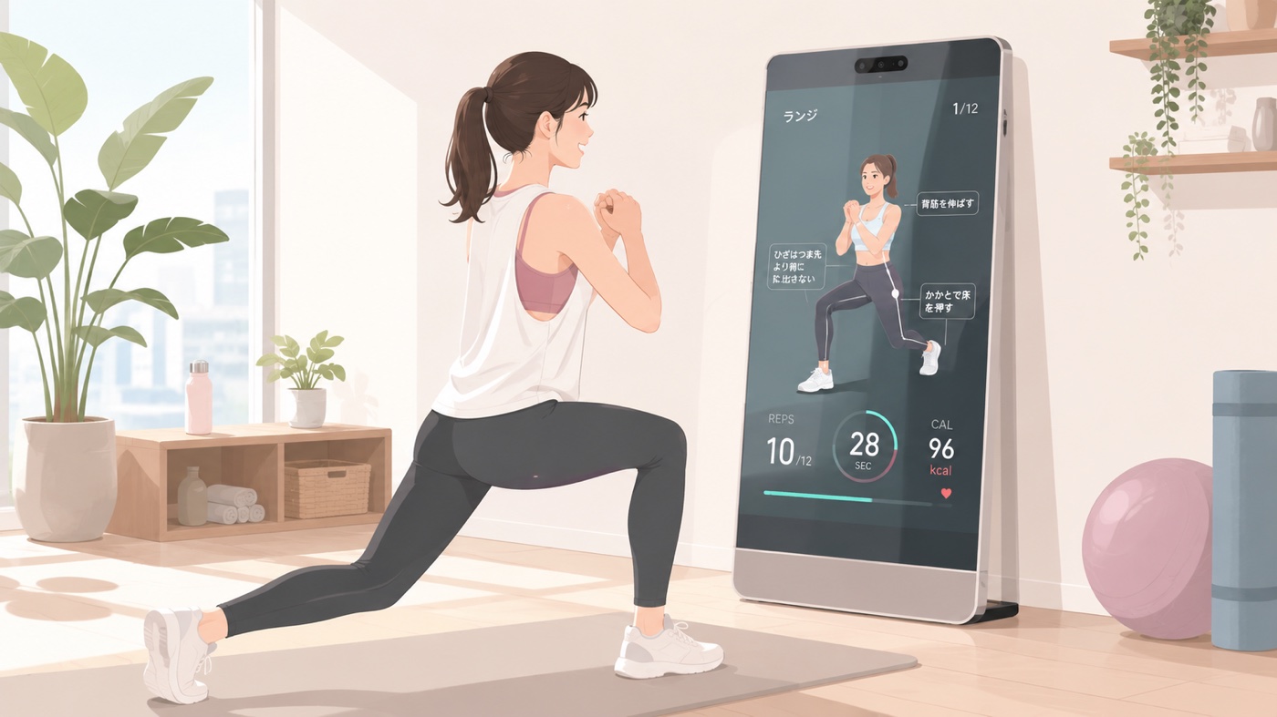 女性専用AIパーソナルジムで、AIミラーの前でトレーニングする女性