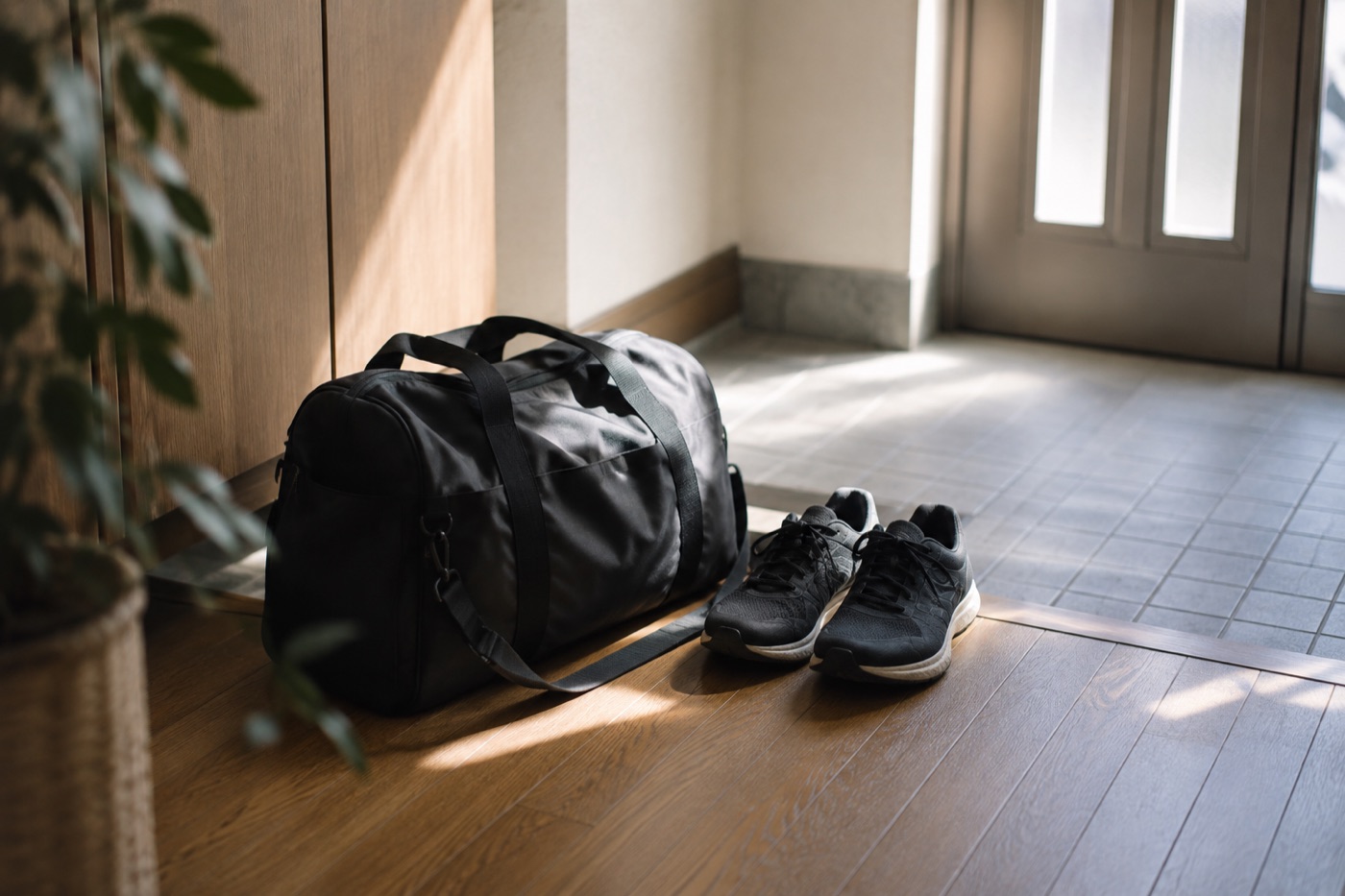 玄関に置いたままのジムバッグとシューズ。会費を払っても通えなくなった状態