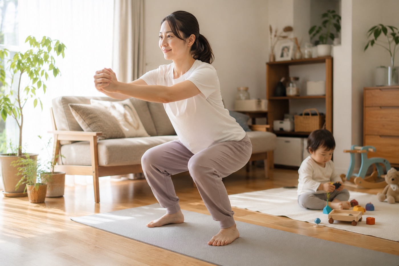子どもがそばで遊ぶリビングでスクワットをするママ