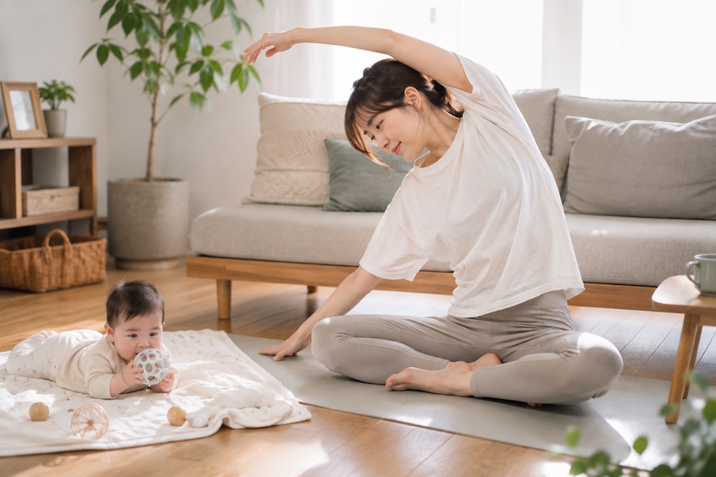 赤ちゃんのそばで軽く体を動かす母親