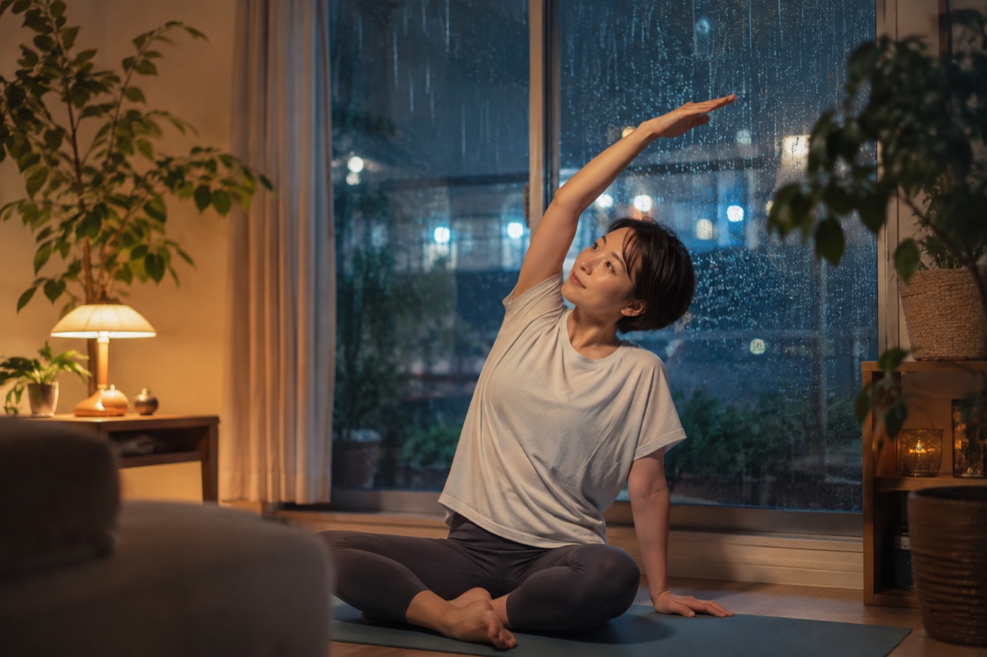 雨の日に自宅で体を動かす女性のイメージ