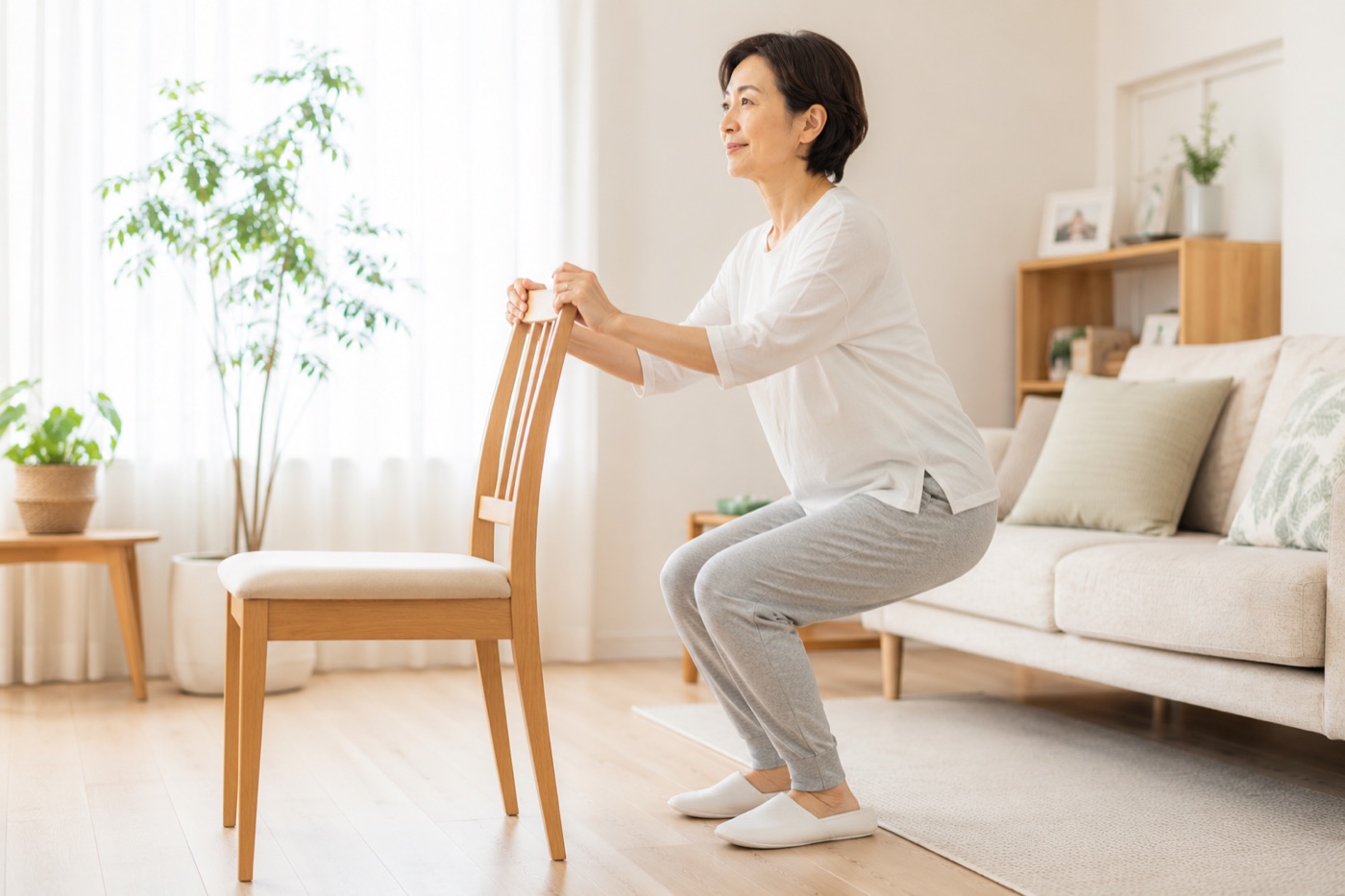 椅子につかまってスクワットをする60代の女性