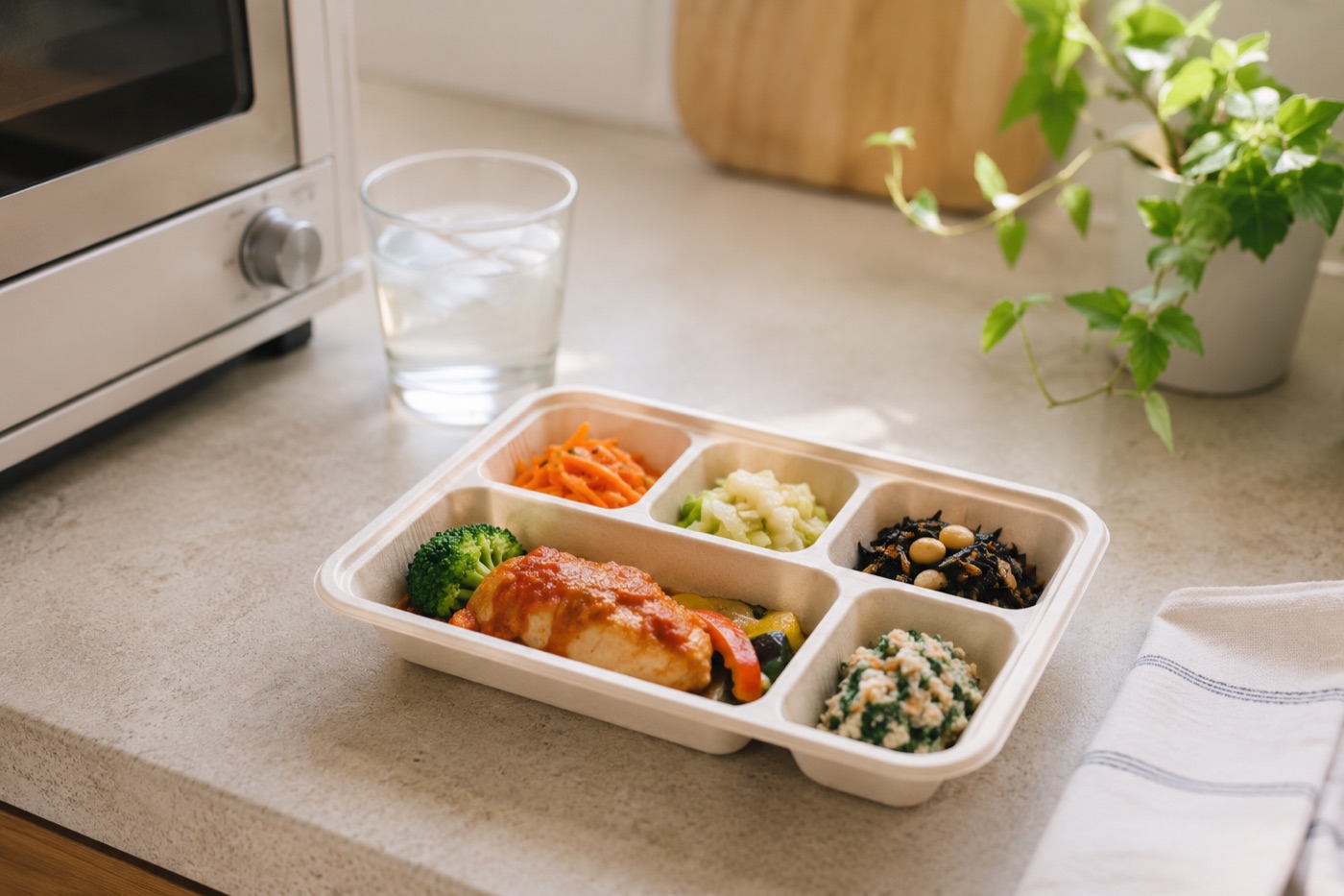 仕切り容器に主菜と副菜が入ったヘルシーな冷凍宅配弁当